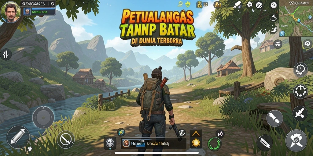 Screenshot gameplay menunjukkan karakter menjelajahi dunia terbuka yang luas.
