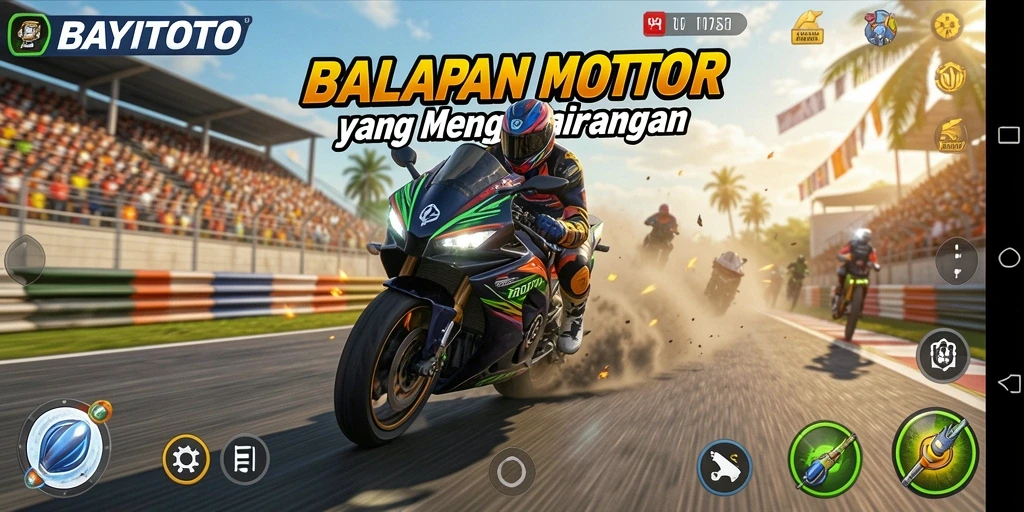 Screenshot gameplay <strong>BAYITOTO</strong> menunjukkan aksi balapan motor yang mendebarkan.