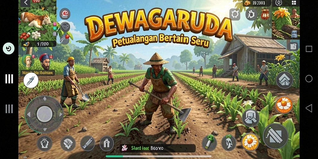 Screenshot gameplay DEWAGARUDA yang menampilkan aksi bertani yang seru.