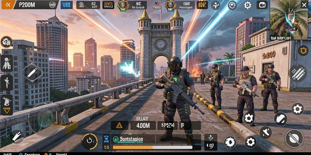 Screenshot gameplay P200M menampilkan pertahanan menara yang strategis.